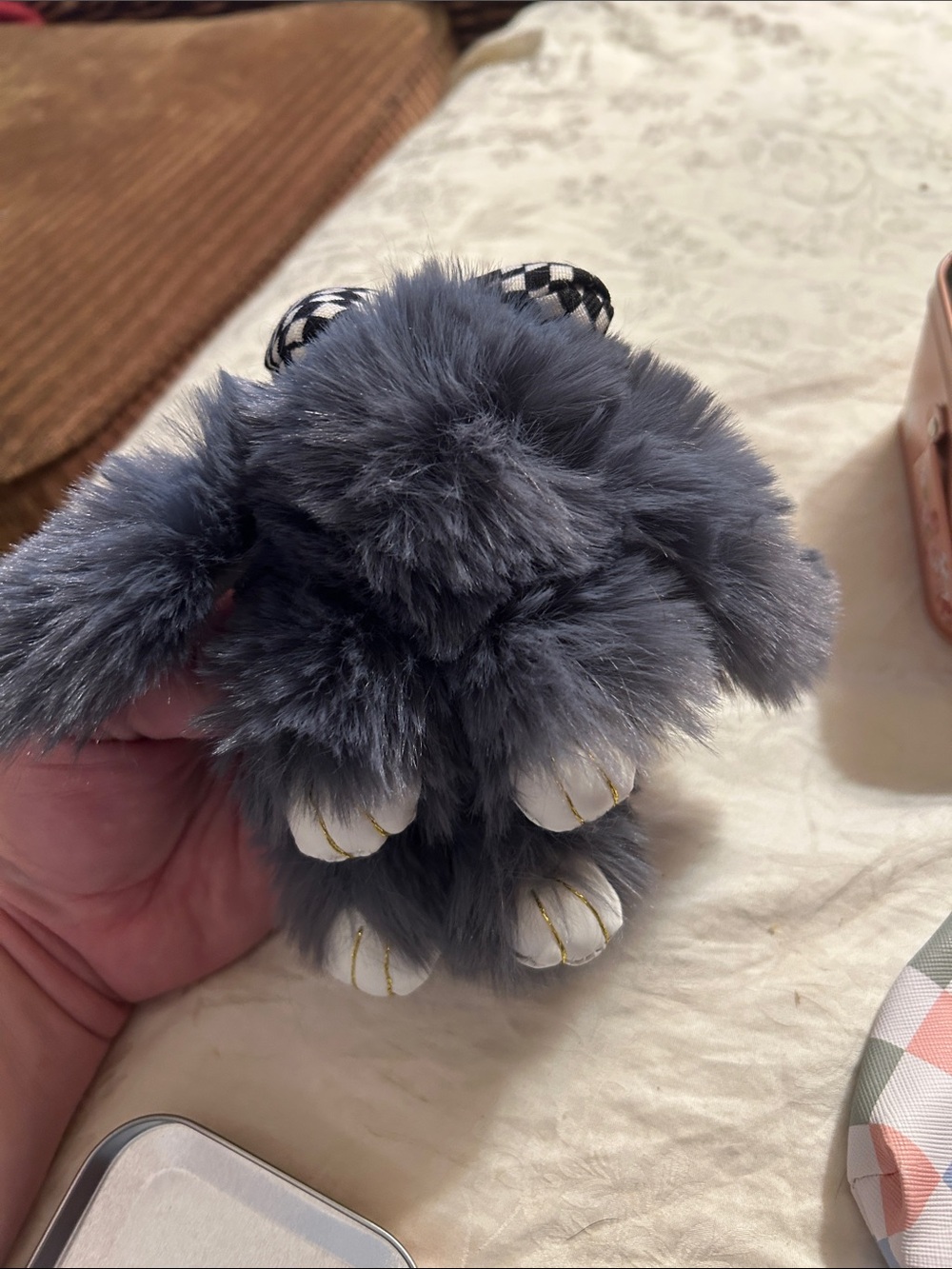 Plush Gray Bunny Keychain with White Paw Accents